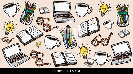Ein lebendiges und farbenfrohes, sich wiederholendes Muster mit handgezeichneten Kritzeleien eines Laptops, ideenfreundlichen Glühbirnen, Kaffeetassen, Notizbüchern und Bleistiften in einem Glas. Stock Vektor