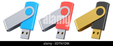 Tragbarer blauer USB-Stick auf weißem Hintergrund isoliert. 3D-Rendering von Zubehör für den Heimarbeitsplatz im Studio Stockfoto