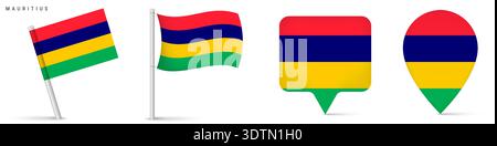 Symbolsatz der mauritischen Nationalflagge mit schwenkender Flagge und Positionsmarkierungen. Inselsymbol im Indischen Ozean isoliert auf weißem Hintergrund für Geogr Stock Vektor
