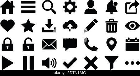 Eine umfassende Sammlung von soliden schwarzen Glyphen-Symbolen, die für moderne Benutzeroberflächen und Webentwicklungsprojekte entwickelt wurden. Dieses vielseitige Set enthält u. a. Stock Vektor