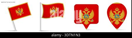 Sammlung von Symbolen für die Flagge Montenegros mit schwenkenden Flaggen und Positionsmarkierungen. Europäisches Ländersymbol auf weißem Hintergrund für Reisen Stock Vektor