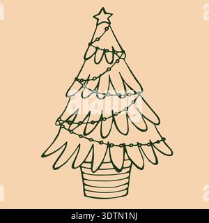 Ein schöner grüner Weihnachtsbaum, wunderschön mit einer Girlande verziert und mit einem Stern gekrönt, in einem dekorativen Topf auf einem weichen cremefarbenen Hintergrund platziert. Stock Vektor