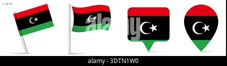Nationale Flaggensymbole Libyens, einschließlich schwenkender Flagge und Positionsmarkierungen. Nordafrikanisches Ländersymbol auf weißem Hintergrund für Geographie und Stock Vektor