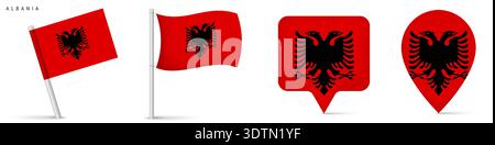 Symbolsatz der Nationalflagge Albaniens einschließlich schwenkender Flaggen- und Positionsmarkierungssymbole. Europäisches Länderemblem isoliert auf weißem Hintergrund für Geographie A Stock Vektor
