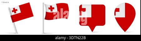 Nationalflaggensymbole von Tonga, einschließlich schwenkender Flagge auf den Pfosten und Positionsmarkierungen. Das Symbol der pazifischen Inselnation ist auf weißem Hintergrund für Geog isoliert Stock Vektor