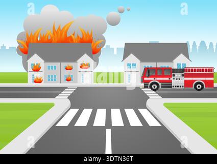 Feuerwehrfahrzeug oder Feuerwehrwagen parken in brennendem Haus oder brennendem Gebäude. Vektorabbildung. Stock Vektor