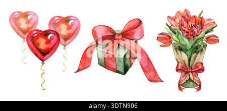 Wasserfarben-Urlaubs-Set mit roten Herzballons, einer Geschenkbox mit Seidenband und einem wunderschönen Tulpenstrauß. Diese handgemalte Kollektion Stockfoto
