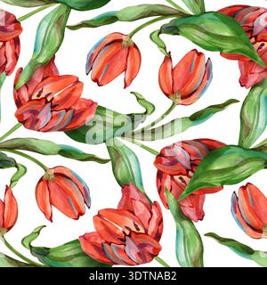 Leuchtendes, nahtloses Aquarellmuster aus roten Tulpen und grünen Blättern. Diese handgemalte botanische Textur mit ausdrucksstarken Pinselstrichen ist ideal für Stockfoto