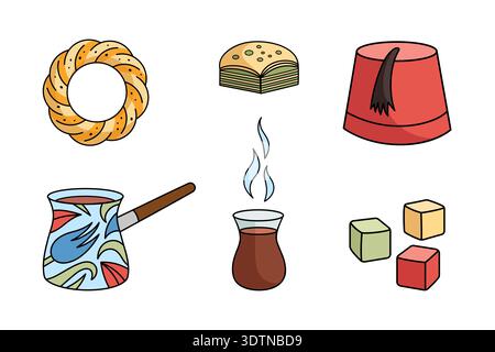 Traditionelles türkisches Teeparty-Set - Kaffeecezve, Teetasse, Baklava, Sesambagel, Stern und Halbmond, entzückt, fes. Vektorsammlung isoliert auf weiß. Stock Vektor