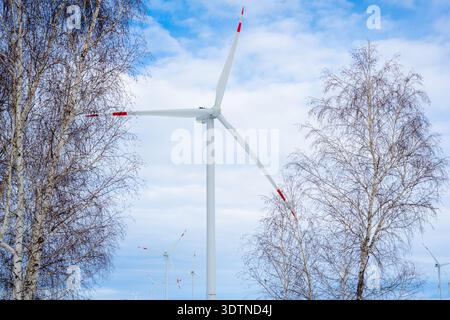 Windkraftanlage in einer verschneiten Landschaft mit Nebel am frühen Wintermorgen. Alternative Energiequellen bei extremen Witterungsbedingungen. Malerischer Winter, Kap Stockfoto