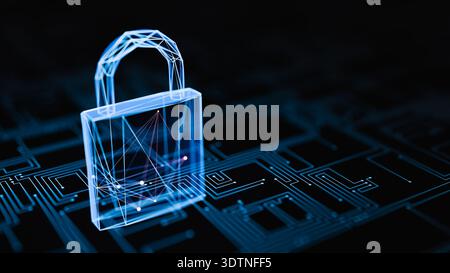 Digitale Vorhängeschloss-Schaltung Cyber-Sicherheit Kopierraum. 3D-Rendering Stockfoto