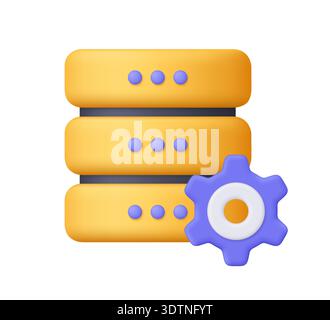 Gelber Server mit violettem Gang. Technologie, Cloud-Computing, Hosting, devops, Systemeinstellungen, Datenmanagement und IT-Konzept. Symbol für 3D-Vektor. Cartoon Stock Vektor