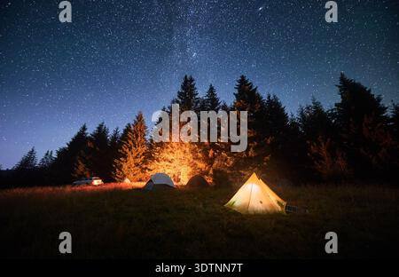 Mehrere Zelte, beleuchtet durch glühendes Lagerfeuer auf einer grasbewachsenen Rodung unter klarem Sternenhimmel. Umgeben von hohen Kiefern in den Bergen. Die ruhige Schönheit der Nacht, die Sie in der Natur verbracht haben. Stockfoto