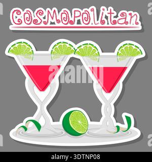 Illustration über das Thema des schönen Alkohol Cocktail kosmopolitan, hell kosmopolitan bestehend aus Vollglasbecher mit transparentem Cocktail und Würfeln Stock Vektor