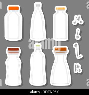 Illustration zum Thema großes Set verschiedene Arten gekühlte Milch in Flaschen verschiedene Größen, Milchgetränk bestehend aus Sammelzubehör Kunststoffflaschen t Stock Vektor