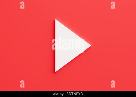Weißes Symbol für die Wiedergabetaste auf rotem Hintergrund für Videoinhalte, Online-Streaming und Multimedia Stockfoto