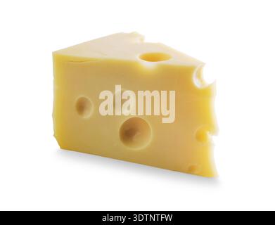 Stück Käse mit Löchern, die isoliert auf weißem Hintergrund Stockfoto