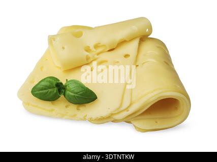 Einige Käse mit Basilikum auf weißem Hintergrund Stockfoto