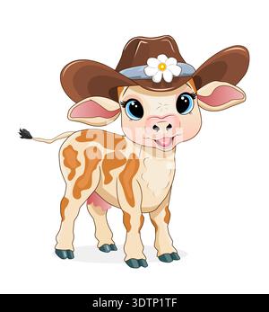 Ein bezauberndes Kalb mit einem Cowboyhut auf dem Kopf auf weißem Hintergrund. Stock Vektor