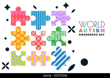 Poster-Banner-Flyer zum Weltautismus-Awareness-Tag. Vektorillustration eines bunten Puzzles mit geometrischem Muster. Helles abstraktes Design, das Unterstützung symbolisiert Stock Vektor