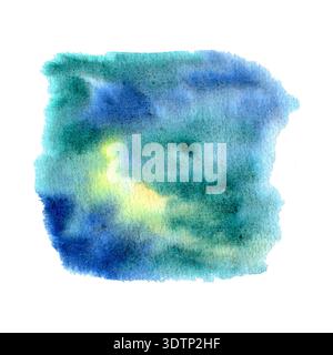 Abstrakte Aquarellmalerei mit einer Mischung aus Blau-, Grün- und Gelbtönen in strukturierter quadratischer Form auf weißem Hintergrund Stockfoto