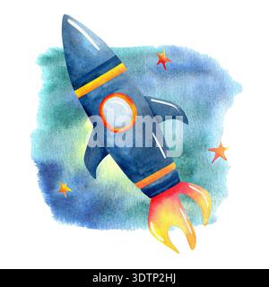Aquarellillustration eines blauen Raketenschiffs mit gelben und orangen Details, die im Weltraum fliegen, mit Sternen im Hintergrund Stockfoto