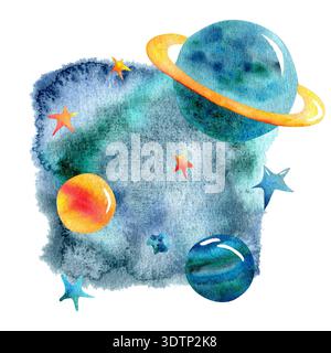 Farbenfrohe Aquarellillustration von Planeten und Sternen im Weltraum mit strukturiertem blauem Hintergrund und leuchtenden orangefarbenen und blauen Himmelskörpern Stockfoto