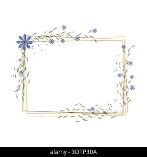 Zarte blaue Aquarellblumen und grüne Blattweben zieren einen dezenten goldenen rechteckigen Rahmen. Dieser künstlerische Rahmen bietet einen eleganten Raum für Text oder Design. Stock Vektor