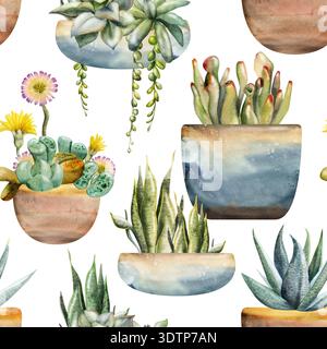 Dekorative Rosette Sukkulenten, Zimmerpflanzen in Keramikbehältern, Raku-Töpferschalen handbemalt in Aquarell. Isoliertes nahtloses botanisches Muster Stockfoto