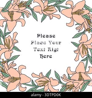 Vintage handgezeichnete rosa Lilienblüte quadratischer Rahmen mit Platz für Text. Blumenkarte Vorlage Vektor-Illustration Stock Vektor