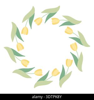Runder Rahmen mit gelben Tulpen. Frühlings- und Sommerkranz mit zarten Blumen. Das grüne Pflanzenmotiv eignet sich perfekt für Karten und Drucke. Stock Vektor