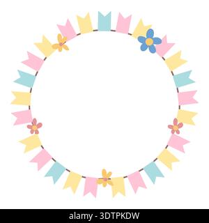 Runder Rahmen mit festlichen Girlanden und Blumen. Frühlings- und Sommerkranz mit zarten Fahnen. Geeignet für Karten und Ausdrucke. Stock Vektor