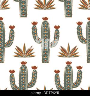 Nahtloser Hintergrund mit Kaktus und blauen Agaves mit Doodle-Muster. Kakteen mit Ornament-Vektor-Illustration. Stock Vektor
