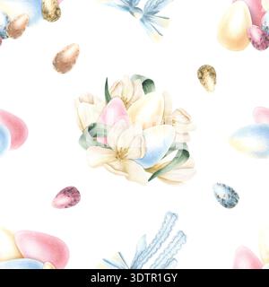Ostereier nahtloses Muster mit weißer Tulpe, blauer Schleife in Pastellfarben. Frühlingsfest schöne Kerzenblumen für einen hellen Urlaub Stockfoto