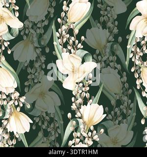 Weiße Tulpen, Weidenzweige nahtloses Muster auf dunkelgrünem Hintergrund. Frühlings-Wasserfarben-Primel, Blumen. Blumenwiederholung für Ostern Stockfoto