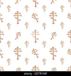 Religiös-orthodoxische Kreuzmuster. Symbol des christlichen Glaubens in goldener Farbe. Traditionelles Design isoliert auf weißem Hintergrund. Handbemalt Stockfoto