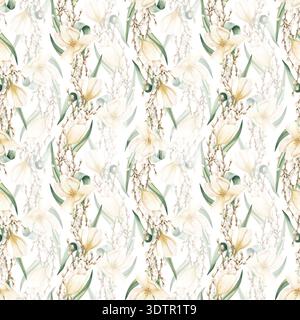 Aquarellfarben weiße Tulpen und Weidenzweige nahtloses Muster auf transparentem Hintergrund. Frühlingsblumen, Kerze. Handgemalte Illustration mit Blumenmuster für Stockfoto