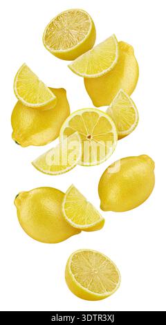 Fliegende Zitronenfrüchte isoliert auf weißem Hintergrund. Isolierte Zitronen. Stockfoto