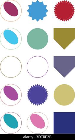 Eine lebendige Auswahl an geometrischen Formen, darunter Kreise, ovale, Sterne und Abzeichen in verschiedenen Farben. Stock Vektor