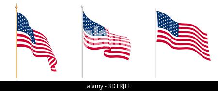 Amerikanische Flaggensammlung, USA Flaggensatz, US-Flagge auf Polvektorsymbole, schwenkende Flaggen auf isoliertem Hintergrund, fliegende US-Flaggensymbole, Stahl und Stock Vektor