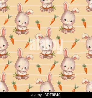 Ein nahtloses Muster mit niedlichen Kaninchen in einem weichen Pastellaquarell. Ein bezauberndes Design für ein Kinderzimmer, ideal für Stoffe, Tapeten und Wrappi Stockfoto