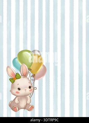 Ein süßes Kaninchen mit bunten Ballons auf einem blau gestreiften Hintergrund in einem weichen Pastellaquarell-Stil. Eine schöne Illustration für ein Kinderzimmer Stockfoto