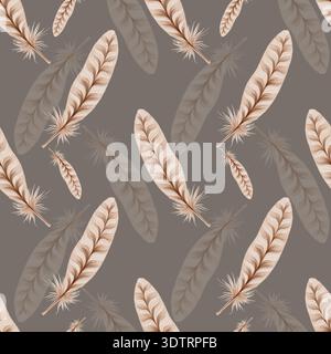 Ein nahtloses Muster mit weichen Federn in zartem Aquarellstil. Perfekt für Stoffe, Tapeten, Geschenkpapier und Dekor im Boho-Stil. Stockfoto