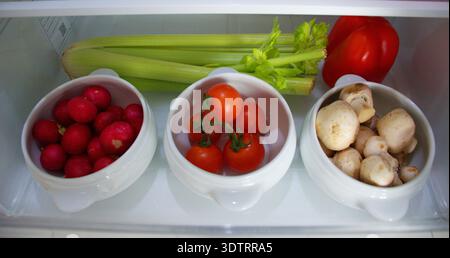 Frische Auswahl an rohen Gemüsesorten, die in einem Kühlregal gelagert werden, darunter Radieschen, Kirschtomaten auf der Weinrebe, weiße Pilze, Selleriestängel. Stockfoto