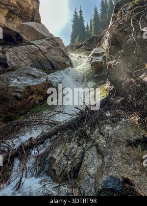 Eine majestätische Wasserkaskade, die über felsiges Gelände fließt, umgeben von üppigem grünem Wald und natürlicher Schönheit Stockfoto