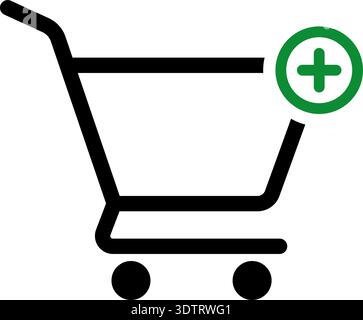 E-Commerce-Vektor eines Marktwagens mit einem Pluszeichen innen, das das Hinzufügen oder Einbeziehen von Artikeln während des Einkaufsprozesses anzeigt. Stock Vektor