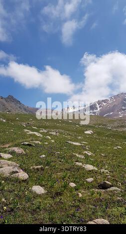 Weitläufige Berglandschaft mit felsigem Gelände, üppigem Grün und dramatischem Himmel mit Wolken Stockfoto