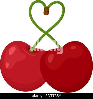 Zwei rote Kirschen mit grünen Stielen, die Herzform bilden. Handgezeichnet trendiger flacher Stil isoliert. Für Aufkleber, Menüs, Poster, Sommer, romantisches Design, Food-Apps, Valentinstag. Vektorabbildung Stock Vektor