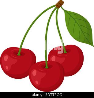 Drei rote Kirschen mit grünen Stielen und Blättern. Heller, glanzvoller, flacher Stil, isoliert. Perfekt für Obstaufkleber, Rezepte, Lebensmitteldesign, Verpackung, Sommermotive, und gesundes Branding. Vektorabbildung Stock Vektor