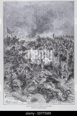 Zeichnung, die eine chaotische historische Schlachtszene mit Soldaten darstellt, die während eines verzweifelten Angriffs kämpfen, fallen und mit Kavallerie und Infanterie zusammenstoßen. Band 14, von Ridpath's Universal History 1897 Stockfoto